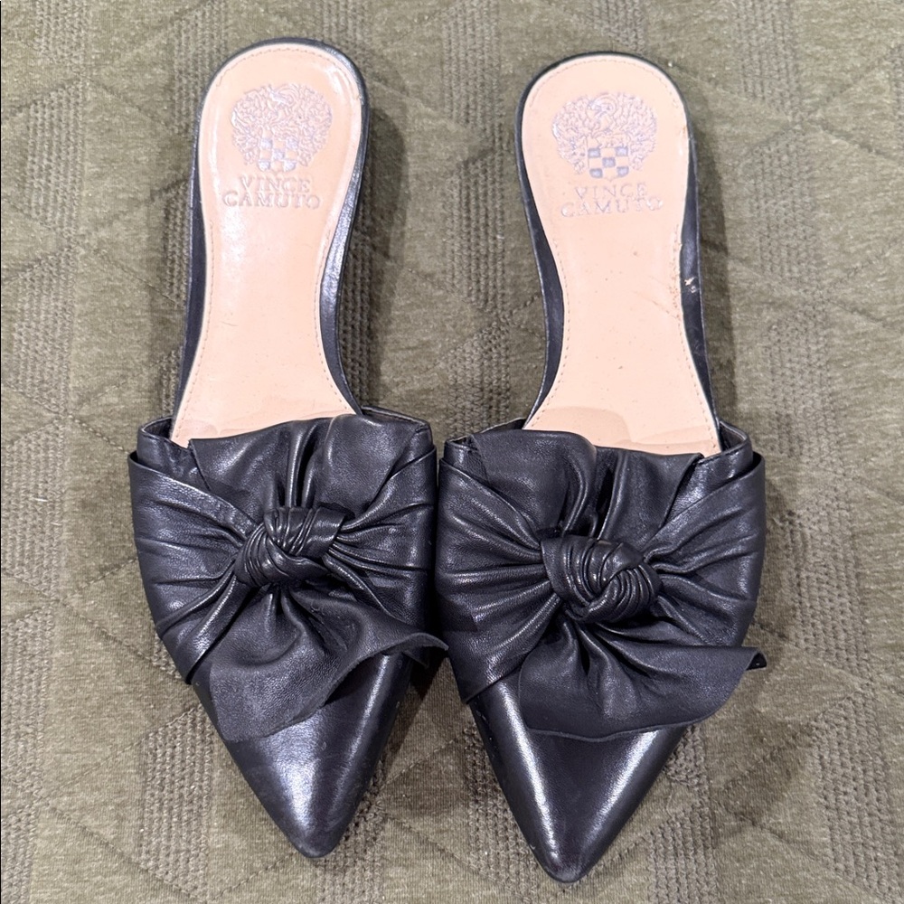 Vince Camuto Black Leather Mules with Bow Detail